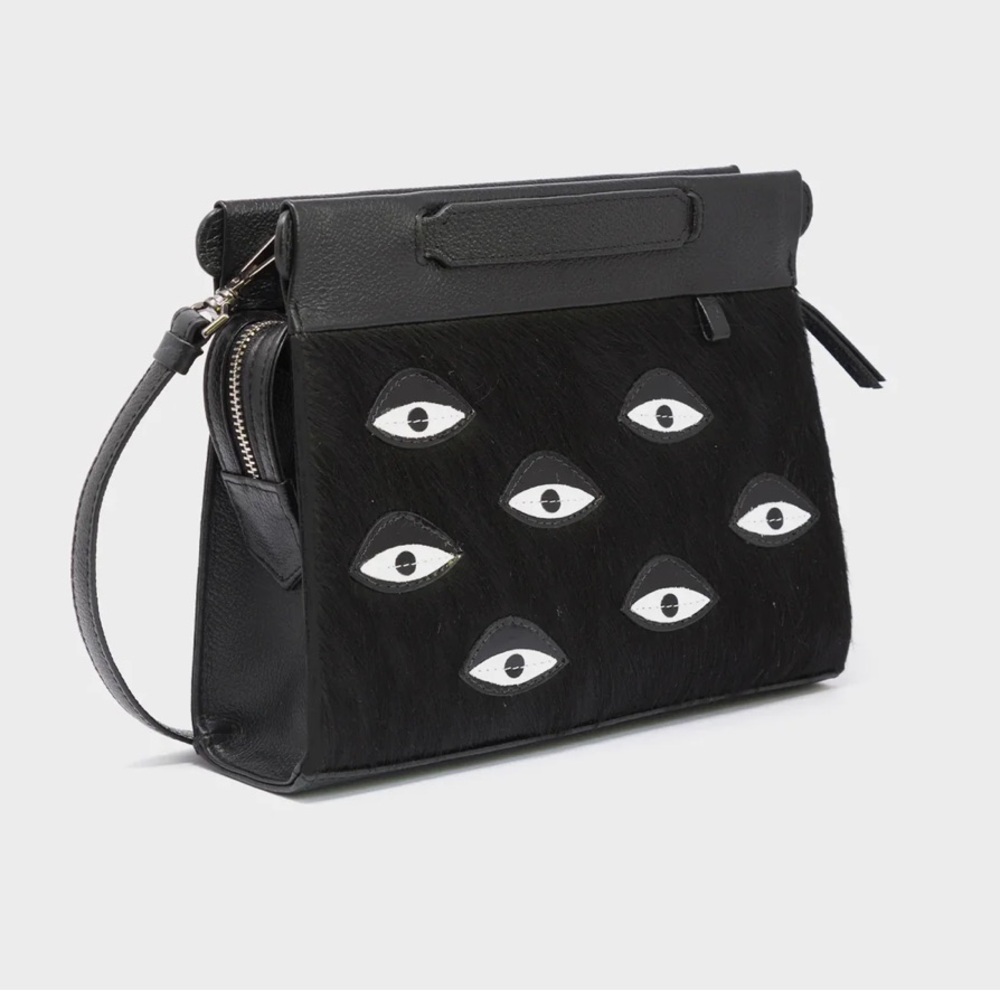 Min & Mon Vali Crossbody Small Black Leather Bag - Eyes Appliqué Adjustable